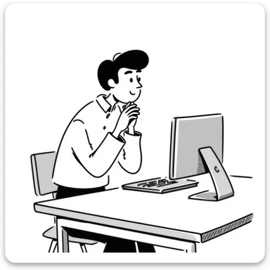 a man sitting at the table with an imac on it, a man sits in a very thoughtful pose sticker
