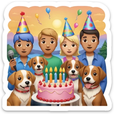 celebration birthday with a dog and watching sunset with many peoples with a birthday cake and mike a wish man peoples at home sticker