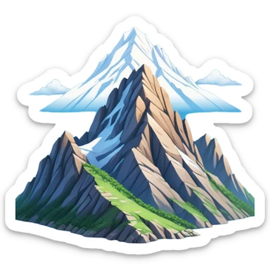Cinematic Realistic Mountain Emoji, Majestic and towering, with craggy, snow-capped peaks rising sharply against a deep blue sky. The rugged terrain is dotted with rocky outcrops and patches of greenery, with clouds swirling around the higher reaches. Soft glowing outline, capturing the essence of ancient strength and natural beauty in a towering mountain! sticker