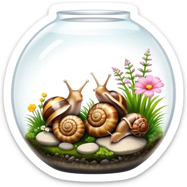 Close-up of large home snails inside a terrarium, showcasing their soft, spiral shells and glistening bodies, with a gentle light highlighting their details. With stones and grass and flowers. Transparent background. sticker