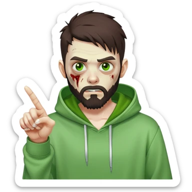 zombie pointing finger, undercut hairstyle with dark brown hair, short full beard, bright green eyes, wearing plain white hoodie sticker