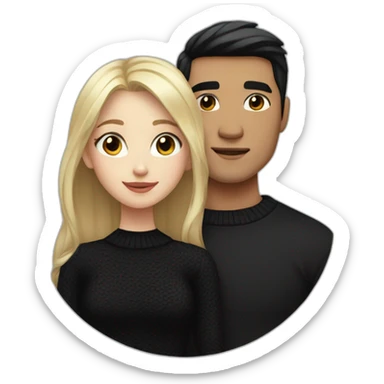 Blonde girl with blue eyes in black sweater and asian man with black hair and black eyes hugging sticker