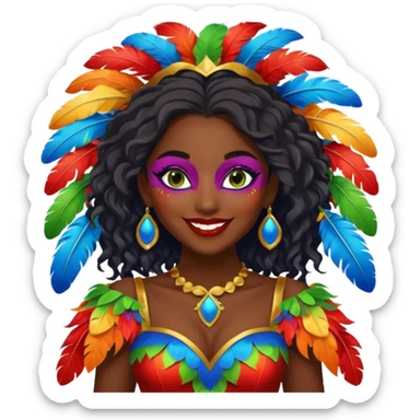 i need the same girl in "dark skin girl, dark red lipstick, nails very beautiful" to be smiling in "carnival mas costume, blue, green and orange preferably, full costume feathers at the back" she is to be smiling, hair should be dark shoulder length, black nail polish on her fingers  sticker
