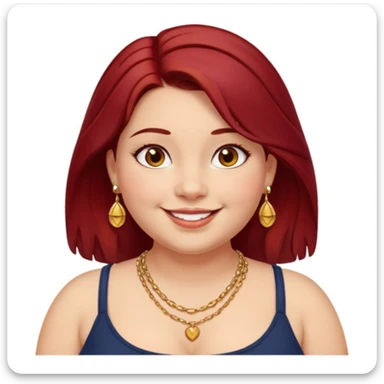 Chubby girl, shoulder length dark red hair, brown eyes, dimples, gold earrings, and necklaces sticker