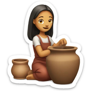 A girl sitting on the ground with a nice background and making pot on a pottery wheel sticker