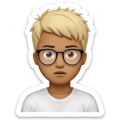 Teenager. Short buzz, messy blonde hair. Dark brown bushy eyebrows large expressive golden-brown eyes, brown skin color, scar over nose, wearing a plain white t-shirt. wearing clear thick black glasses. 20 year old male. wacky facial expression. brown skin color.  sticker