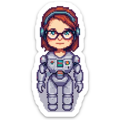 shoulders-up portrait of a cute female recruiter robot in 8-bit pixel art style, approachable, one hand raised, glasses sticker