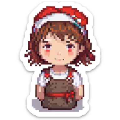 girl with short brown hair and a red headband, pixel art style sticker