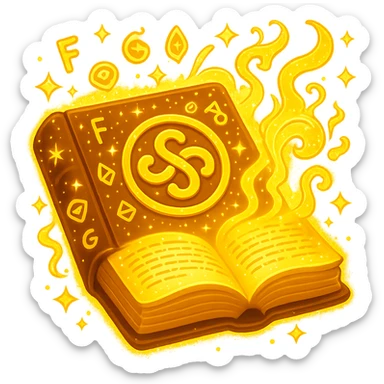 Make the mystic yellow book even more magical with sparkling magical energy, enchanted symbols, glowing effects, and a whimsical magical aura. Style it to resemble an apple emoji style. Keep no background. sticker