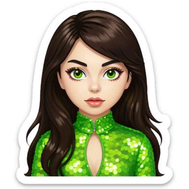 Charli XCX with long dark brown hair, lime green sequin outfit sticker