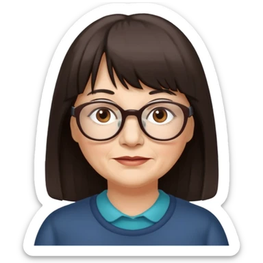 60 yr old woman, long hair, very small brown eyes, long hair, straight dark brown hair, bangs, chubby, long face sticker