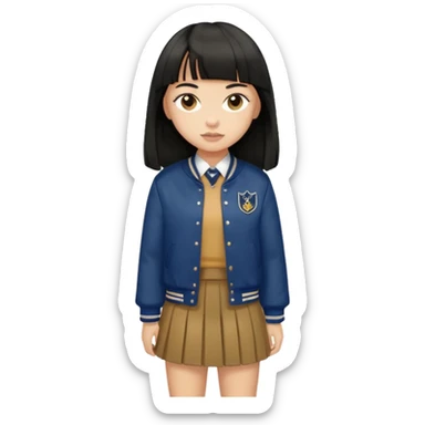 hair : black long hair with fringe 
skin : light 
cloth : brown varsity jacket + navy long long school girl skirt 


 sticker