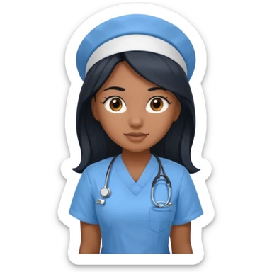 pretty brown skin nurse with long black hair and slanted brown eyes in light blue scrubs sticker