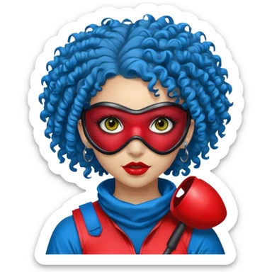blue curly haired paintball playergirl with huge earrings, wearing red paintball eye mask, sticker