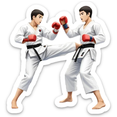 Two taekwondo fighters in traditional white doboks with black belts. One delivers a powerful kick, while the other defends by blocking with his knee. The background shows a professional arena with bright lights and an excited crowd. Transparent background highlights the intense action sticker