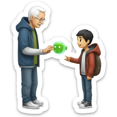 Young man with hoodie helping old man to learn how to use artificial intelligence  sticker