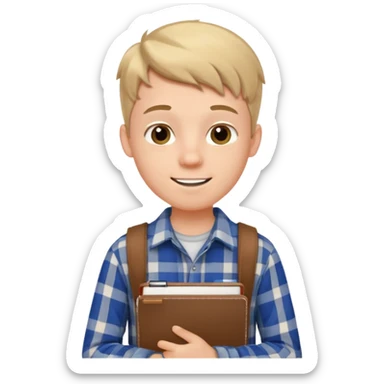 white teenage boy student, cheerful, wearing a plaid shirt, holding a notebook sticker