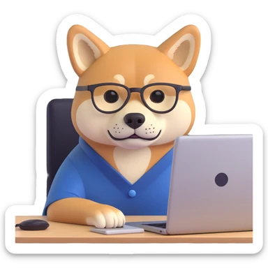 shiba inu with eye glasses and computer sticker