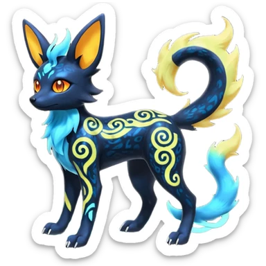 Shiny Fiery Dark Glowing Ethereal Eldritch Cool Edgy Badass Punky Aural Iridescent Fluorescent Bioluminescent Umbreon-Amaura-Salandit-Litten-Flareon-Fakémon-fusion (full body) with intricate pattern markings sticker