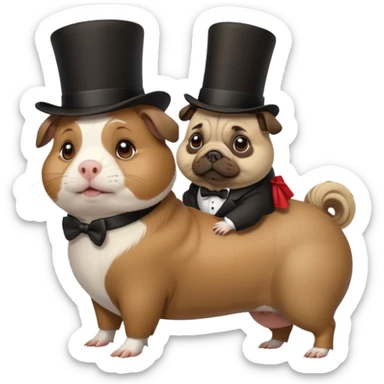 a cute guinea pig wearing a top hat riding on the back of a pug dog sticker