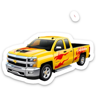 Yellow Chevrolet Silverado with elaborate airbrushed red flame pattern on hood and front quarter panels, screen-accurate Kill Bill truck artwork, 30-degree angle, iOS emoji style sticker