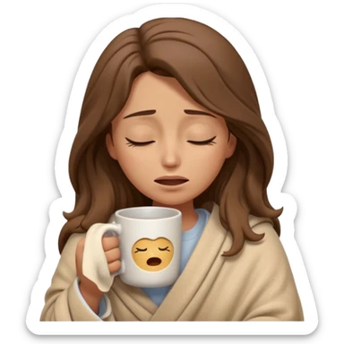 emoji-style illustration of a crying relaxed woman with long wavy brown hair, wrapped in a cozy beige blanket, holding a mug cup, eyes closed, sad and a bit anxious expression, soft 3D cartoon rendering, warm and comforting mood, plain background
 sticker
