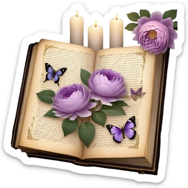 An antique botanical journal with golden-edged pages, filled with meticulously pressed lilac roses, ice violet peonies, and amethyst dahlias, lies open beneath the soft glow of candlelight, its delicate illustrations and handwritten notes whispering stories of forgotten gardens as a pearl butterfly gently perches on its weathered cover. sticker