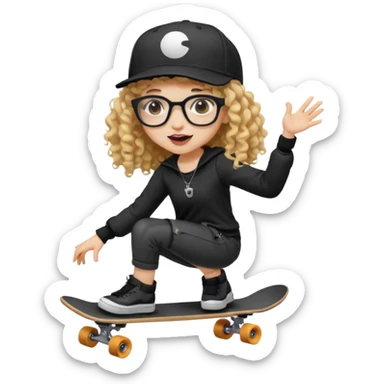 ["An excited girl with light skin, curly hair, wearing a baseball cap and square glasses, dressed in goth fashion, is skateboarding while holding a camera."] sticker
