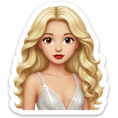 blonde model, brown eyes, long wavy hair, red carpet glam, white sequin gown sticker