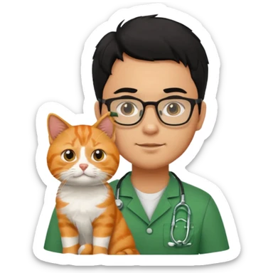 Veterinario hombre trigueño con lentes, con cabello negro, y con uniforme veterinario color verde cargando un gato naranja sticker