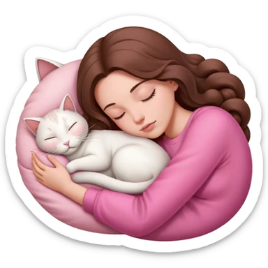 A pretty white girl with very long brown hair and pink clothing sleeping curled up to a white cat  sticker