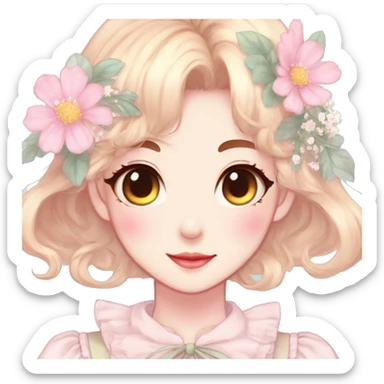 Gorgeous pastel anime style lady with blushing face and flowers cottagecore fairycore pastelcore colorful pearly romantic simplistic aesthetic trending style sticker