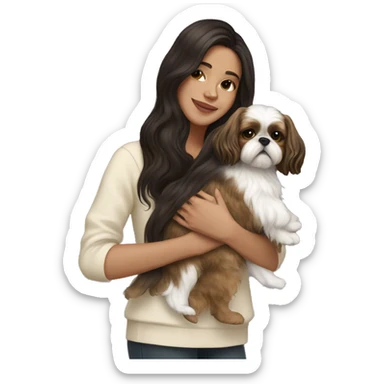 Young dark brunette hair woman with a golden shih tzu in her arms long wavy hair sticker