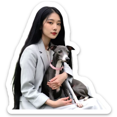 A very beautiful and attractive 25-year-old Chinese woman with long flowing black hair and a pure solid dark grey Italian Greyhound with ABSOLUTELY NO white markings anywhere on its body sitting under a cherry blossom tree. The dog must be completely solid dark grey with no white on chest, no white on muzzle, no white on paws - entirely one solid dark grey color. sticker