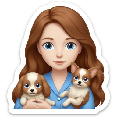 long hair chestnut color blue eyes woman holding small ivory dog sticker