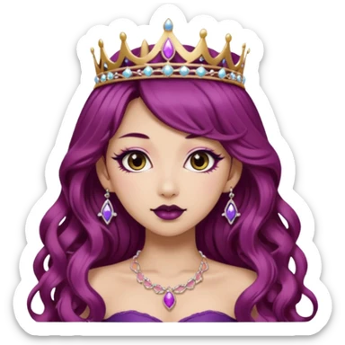 hime gyaru girl with long wavy plum color hair, tiara princess tattoo, dark lipstick sticker