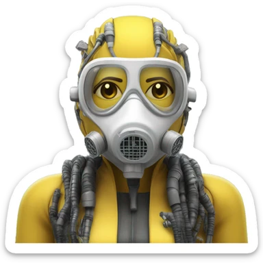 Dark yellow Mohawk female cyborg head with white respirator mask and circuits sticker