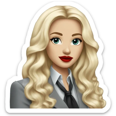 Russian Blonde long hair with big red lips small nose and black eyes Tiffany diamond seller in a grey suit sticker