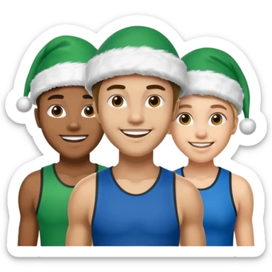 crie a imagem de 3 atletas de modalidades diferentes, usando um chapeu de papai noel das cores verde e azul. sticker
