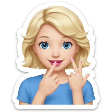 Girl Blonde short wavy hair,  blue eyes, cute blue top, long lashes, pink lips, smiling, hand covering the mouth sticker