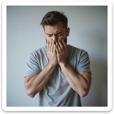 realistic 30-year-old man in anxiety crisis, hands covering face, short breath, panicked expression, light background sticker