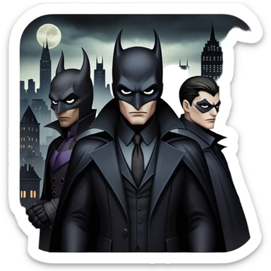 Icon for Thriller Movies: A large, dramatic collage featuring sinister villains in dark clothing. The background shows the gloomy cityscape of Gotham, with dim lighting and eerie shadows. The atmosphere should be tense, mysterious, and suspenseful. Transparent background. sticker