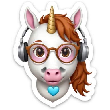 headphone wearing white unicorn with dark ginger hair and heart shaped spectacles sticker