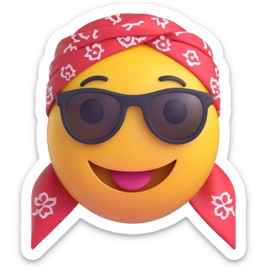 3D smiley emoji, round shape, motorcyclist with bandana: colorful bandana on head, sunglasses, smiling face sticker