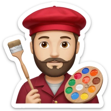man artist with beard, wearing red beret and painter sticker