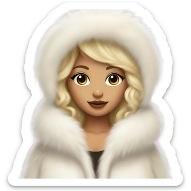 Tanned Girl with lashes , blonde hair, in an extremely big fluffy oversized white fur coat with hood on. The fur is real and it’s very obvious big and fluffy like in Pinterest  sticker