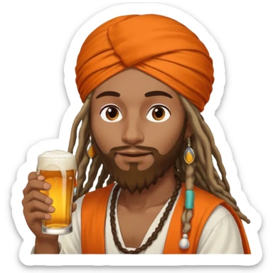 Brownskin man with long dreadlocks add a white turban on his head orange shirt drinking bear sticker