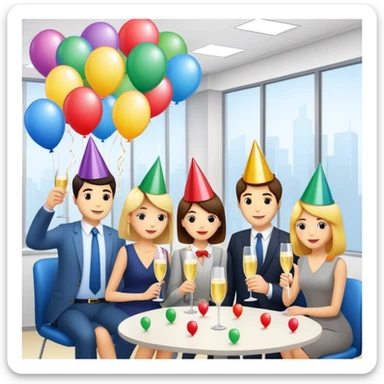 office party with coworkers celebrating, holding drinks and snacks, decorations and balloons in the background sticker