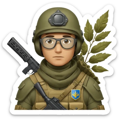 Ukrainian Intelligance agency warrior man in Ferro concept platecarrier with CZ BREN 2 riffle in helmet TOR-D, balaclava, poncho with leafs and ballistic assult glasses sticker