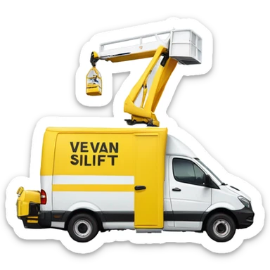 White van displaying the text 'Versalift' on the side. The van has a yellow aerial boom lift on top with a white bucket on the end, sat at the back of the van. sticker